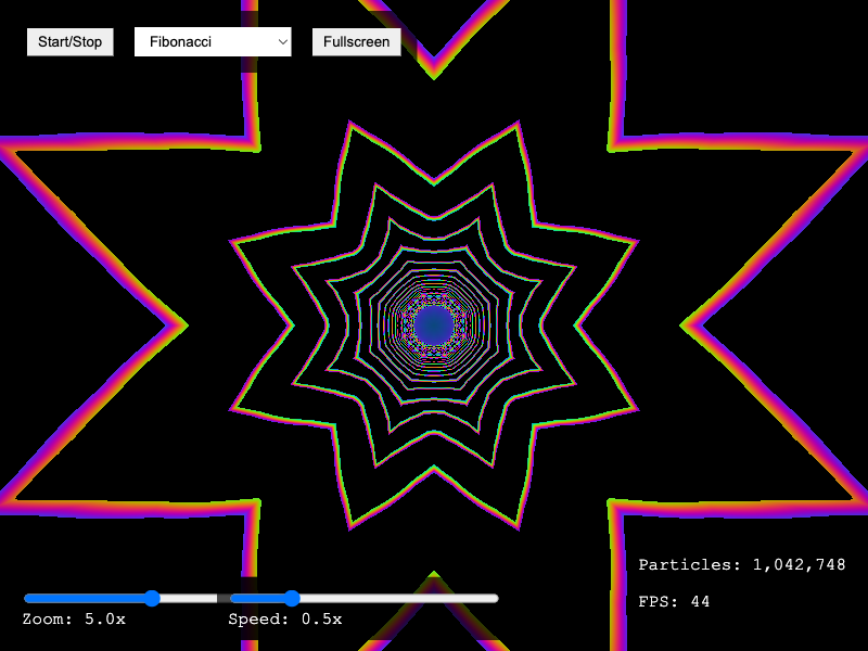 Fibonacci kaleidoscope webgl raytraced mandala particle physics simulator