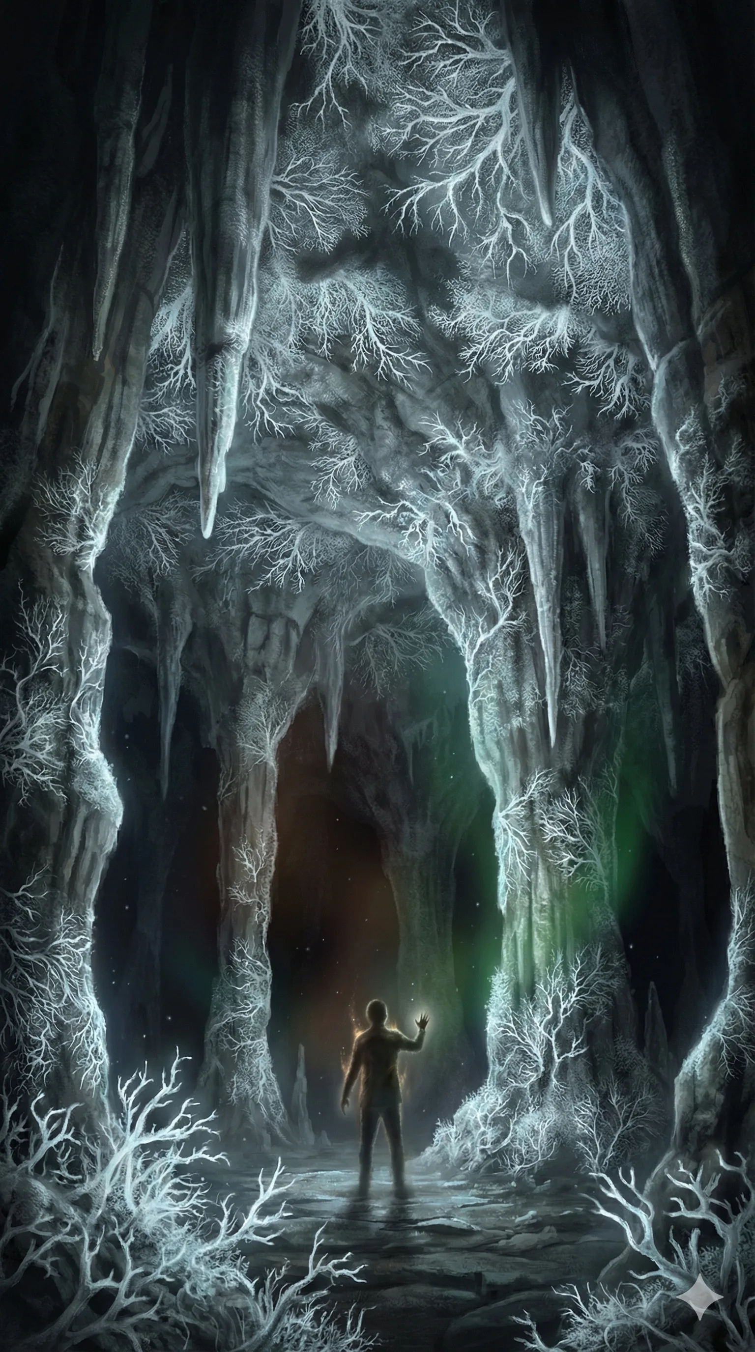 Forgetting Lichen glowing silver-white across cave stone in fractal patterns
