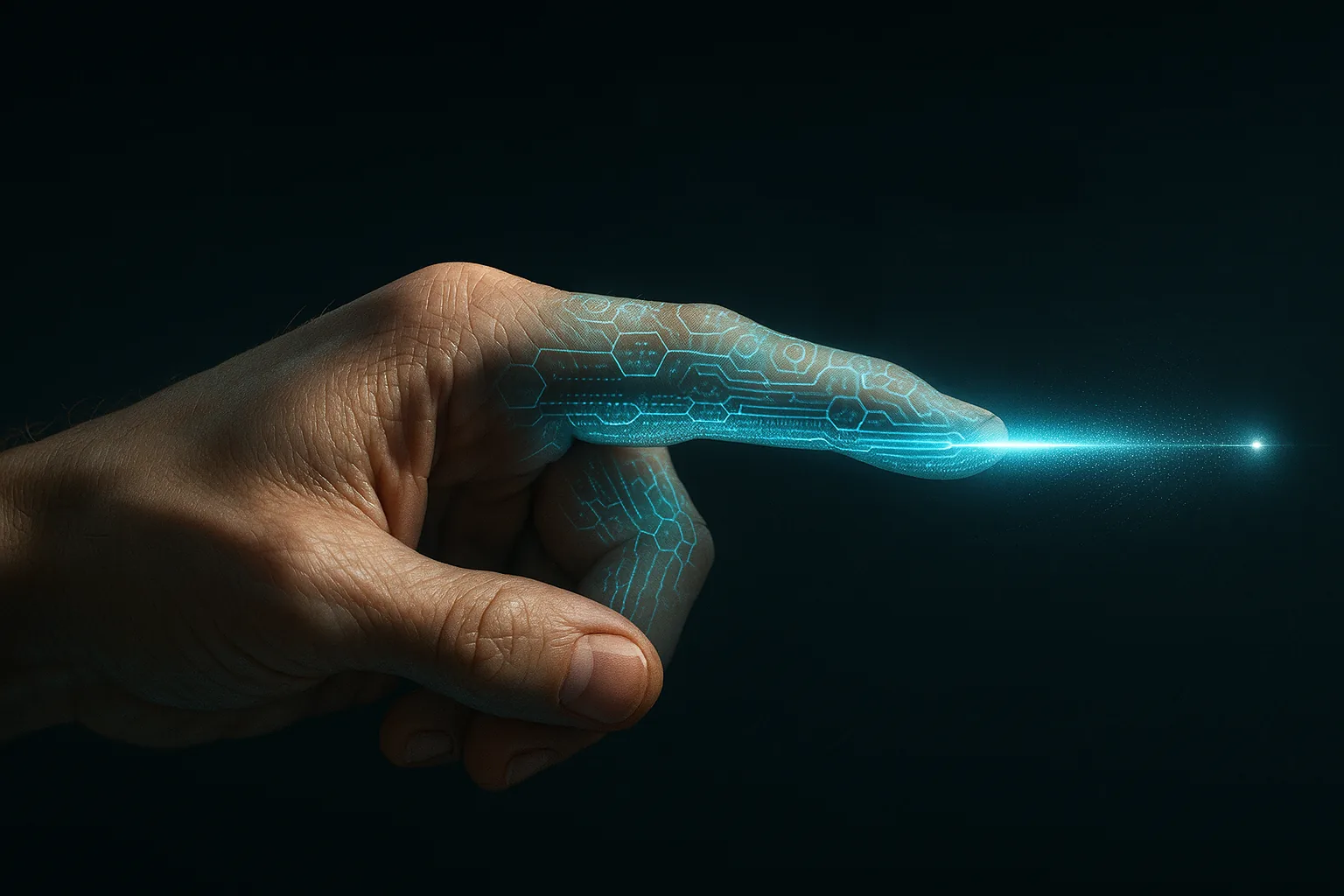 A hand with glowing quantum threads