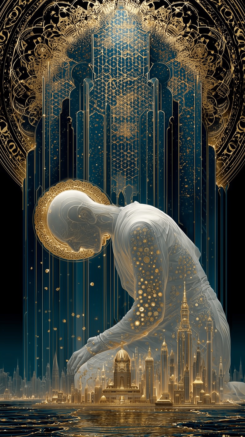 Raphael bowing over a golden city, translucent and vast, geometric patterns radiating from his form