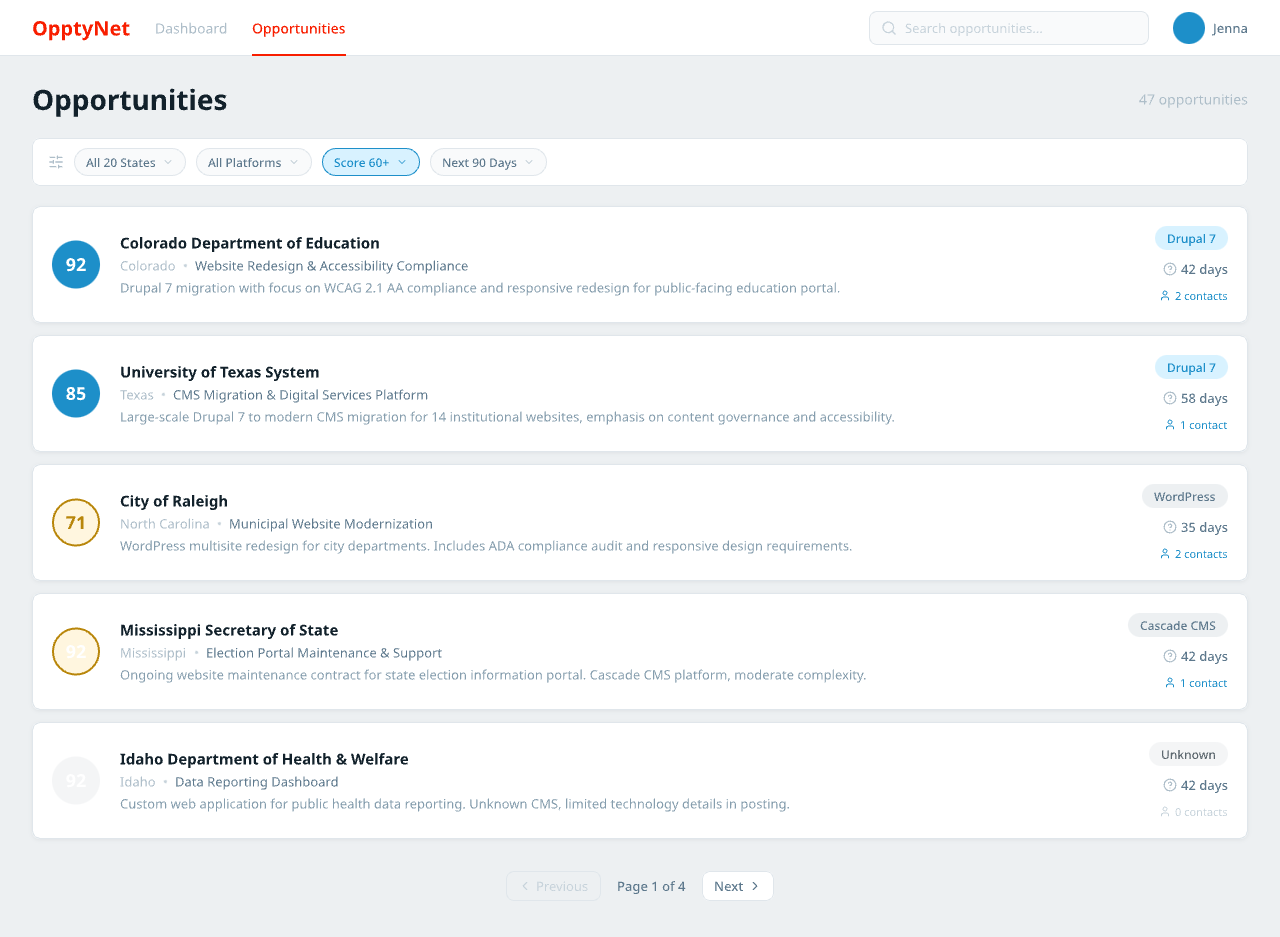 OpptyNet V1 — card-based list