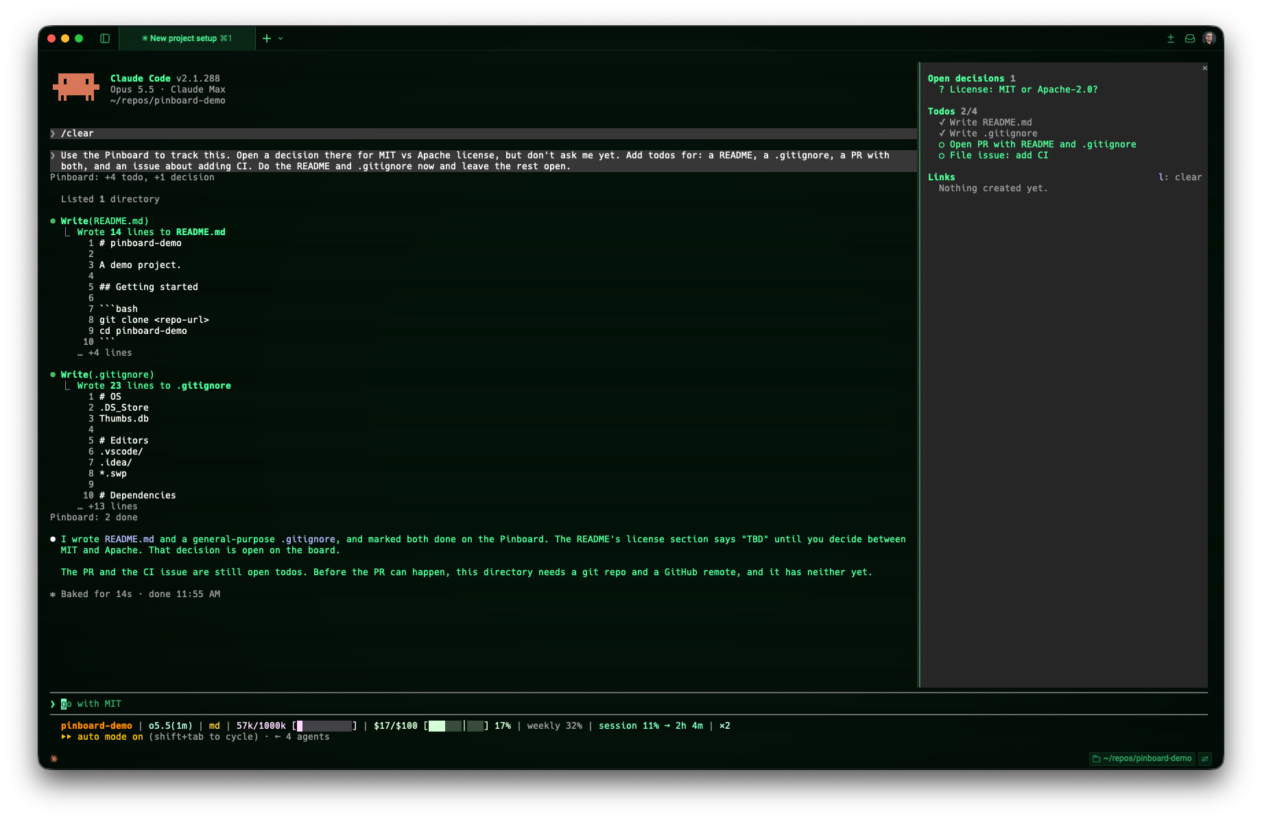 Pinboard pane beside a Claude Code session, with one open decision and two of four todos done